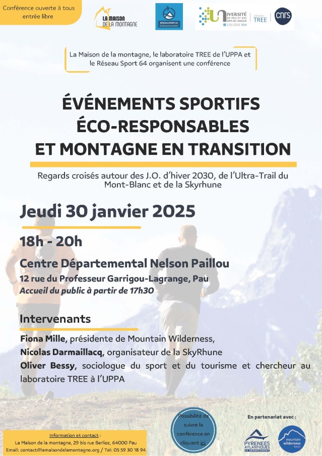 Affiche de la journée Regards croisés autour des J.O. d’hiver 2030, de l’Ultra-Trail du Mont-Blanc et de la Skyrhune 30 01 2025